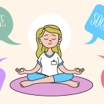 cartoon image of a women sitting in a yoga pose with her eyes shut